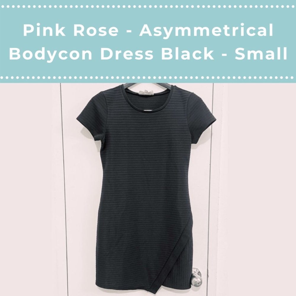 Pink Rose - Asymmetrical Bodycon Black Dress S